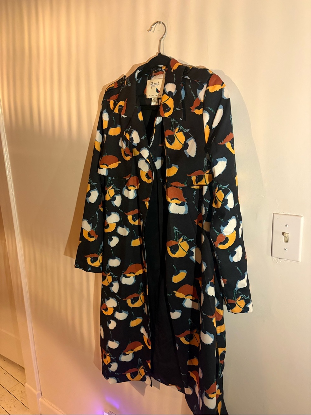 Yuni Floral Print Black Trench Coat